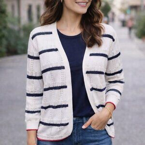 Westport White Open-Front Cardigan | Navy Stripes & Red Trim | Size XL | NWT